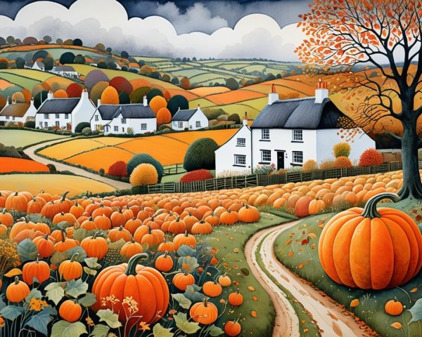 Vibrant Pumpkins in a Cozy Autumn Rural Landscape