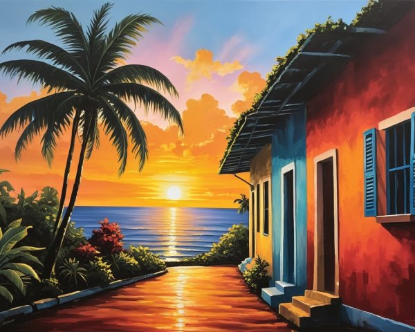 Coastal Sunset Scene with Palm Trees and Colorful House