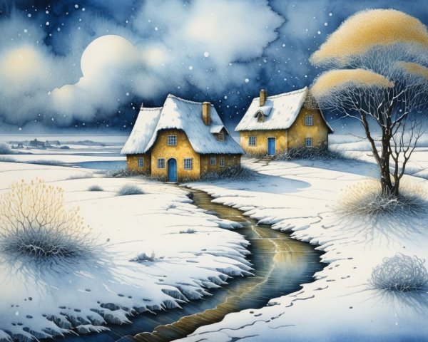Winter Landscape with Cottages and Starry Sky