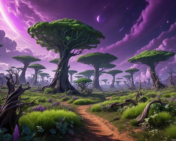 Surreal Landscape with Trees and Purple Sky