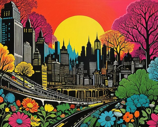 Vibrant Cityscape with Skyscrapers and Nature Elements