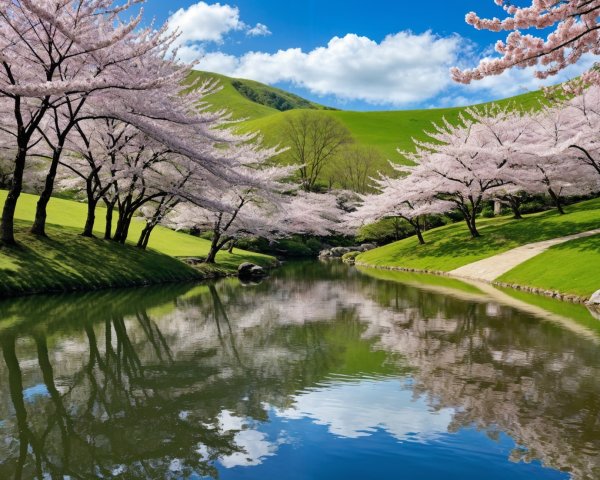 Tranquil River with Cherry Blossoms and Green Hills