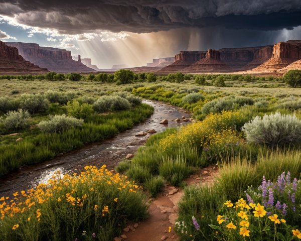 Winding Stream and Wildflowers Amidst Dramatic Landscape