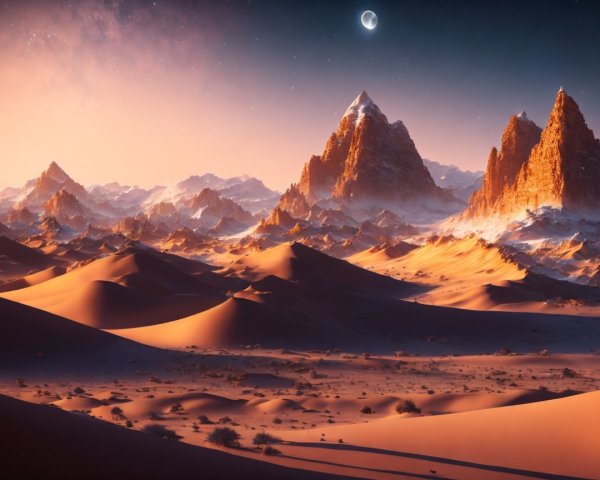 Desert Landscape at Dusk with Mountains and Moon