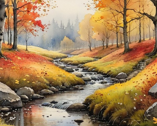 Autumn Landscape with Stream and Colorful Foliage