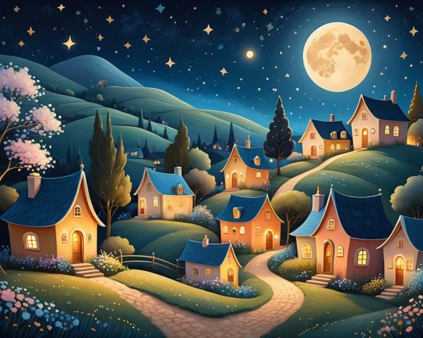 Charming Village Night Scene with Glowing Moonlight