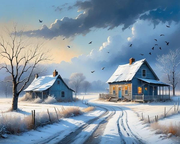 Serene Winter Landscape with Houses and Snowy Field