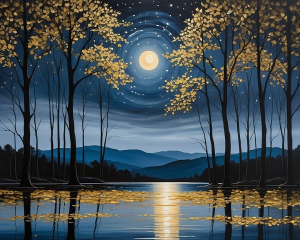 Serene Night Landscape with Moonlit Lake and Trees