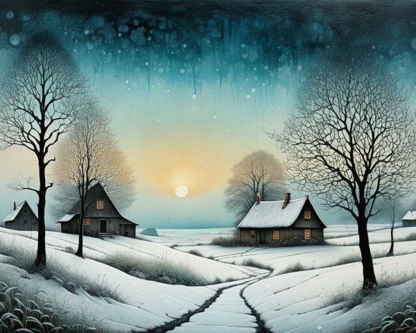 Serene Winter Landscape with Snowy Houses and Trees