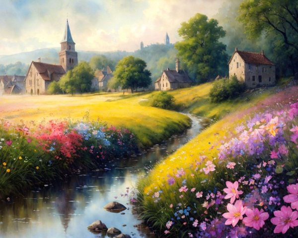 Serene River Landscape with Wildflowers and Cottages