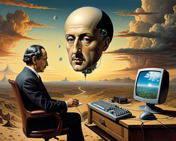 Surreal Scene of Man at Vintage Computer in Desert