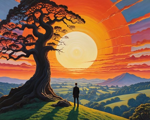Man in Suit Silhouetted Against Vibrant Sunset Landscape