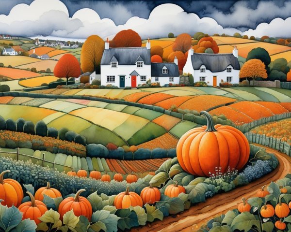 Vibrant Autumn Landscape with Farmhouse and Pumpkins