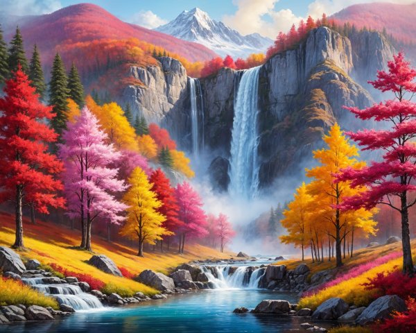 Autumn Landscape with Colorful Foliage and Waterfall