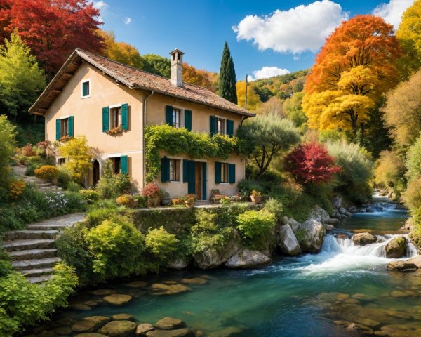Charming House by Stream with Autumn Foliage