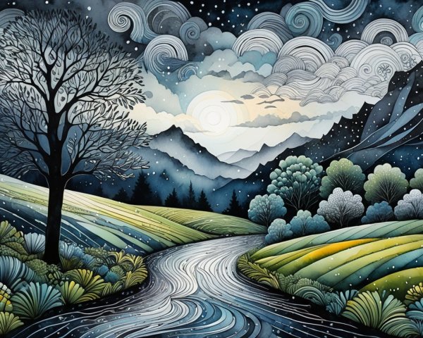 Serene Landscape with River and Moonlit Mountains