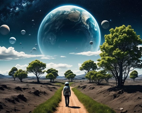 Astronaut Walking on Path with Cosmic Landscape Above