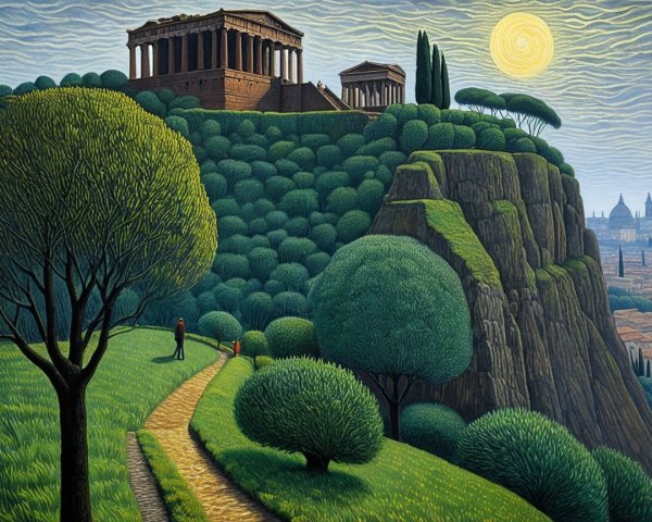 Serene Landscape with Hill, Trees, and Ancient Structures