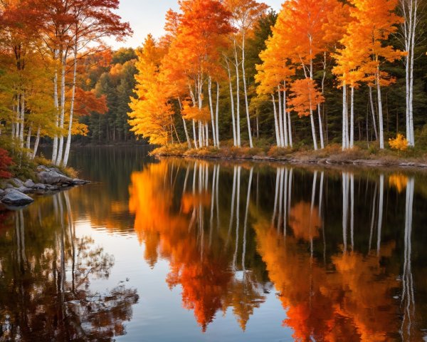 Serene Lake with Vibrant Autumn Foliage Reflection