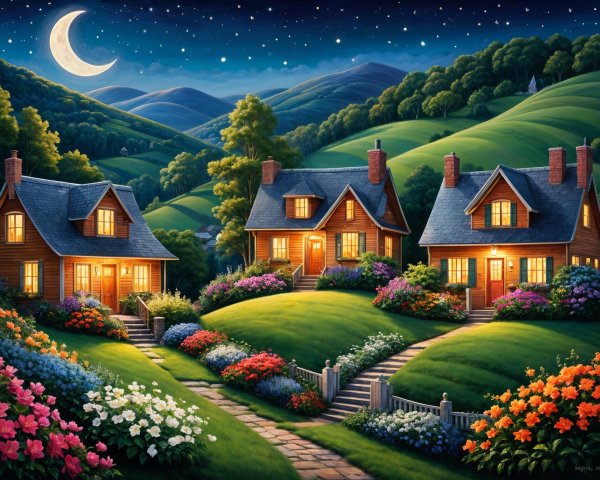 Charming Wooden Houses in a Serene Night Scene