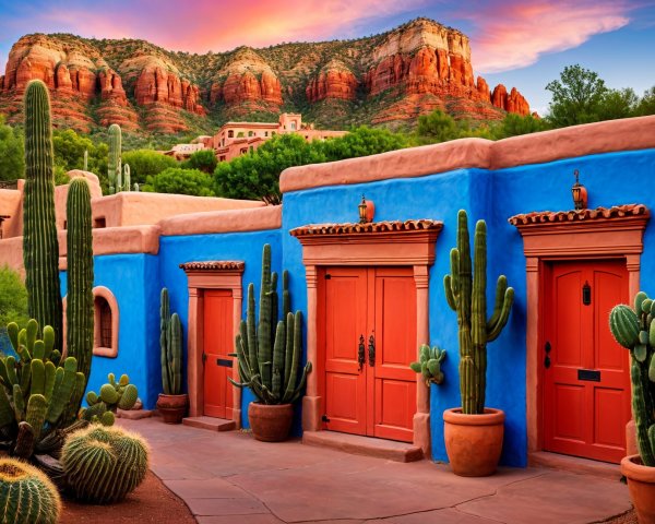 Vibrant Blue Adobe Walls and Orange Doors in Sedona