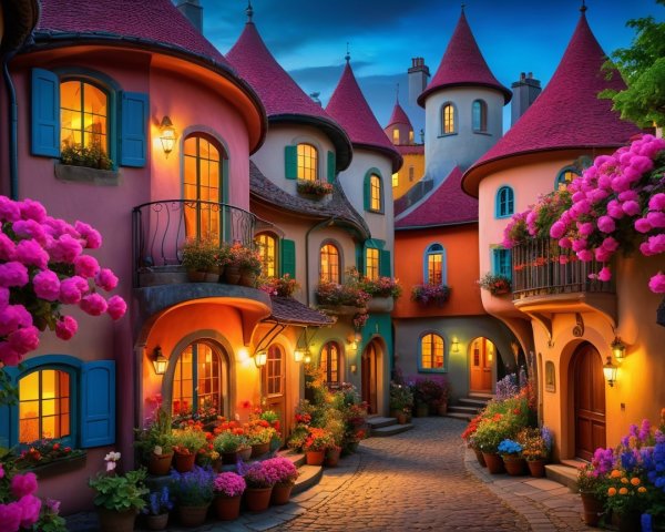 Charming Alleyway with Colorful Buildings and Blooms