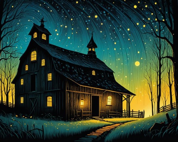 Dark Wooden Barn Under Starry Night Sky