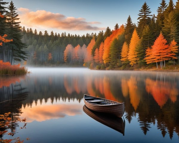 Autumn Lake Scene with Reflections and Fog