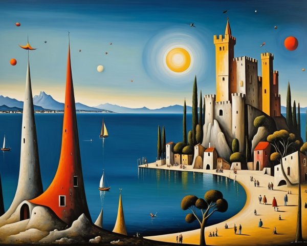 Surreal Coastal Landscape with Castle and Planets