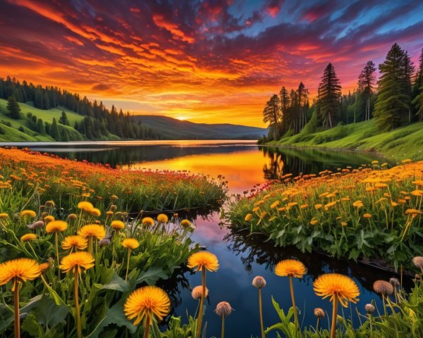 Serene Lake with Dandelions and Vibrant Sunset