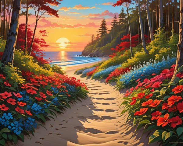 Vibrant Coastal Sunset with Blooming Flowers and Waves