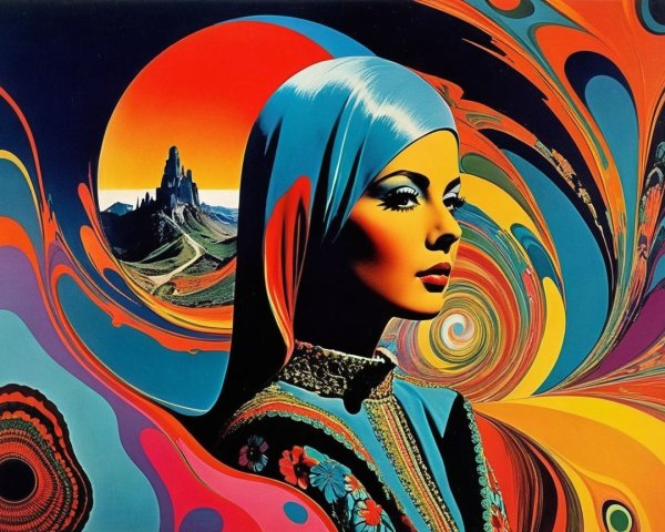 Portrait of a Woman with Colorful Headscarf and Psychedelic Background