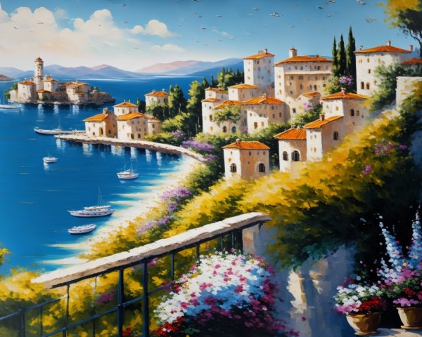 Mediterranean Coastal Scene with Houses and Sea