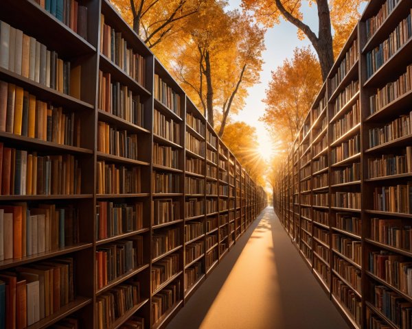 Picturesque Library Corridor with Autumn Leaves
