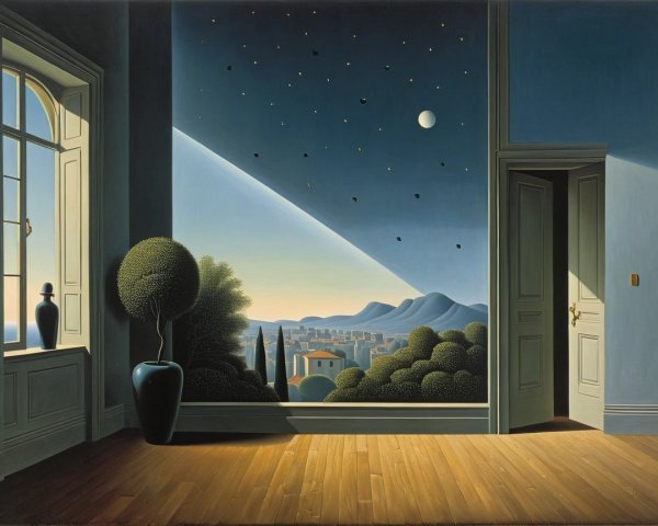 Interior Scene with Window and Surreal Landscape