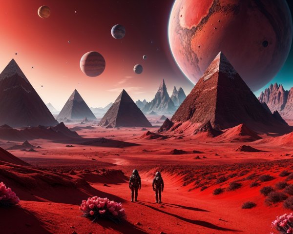 Astronauts in a Surreal Red Landscape with Pyramids