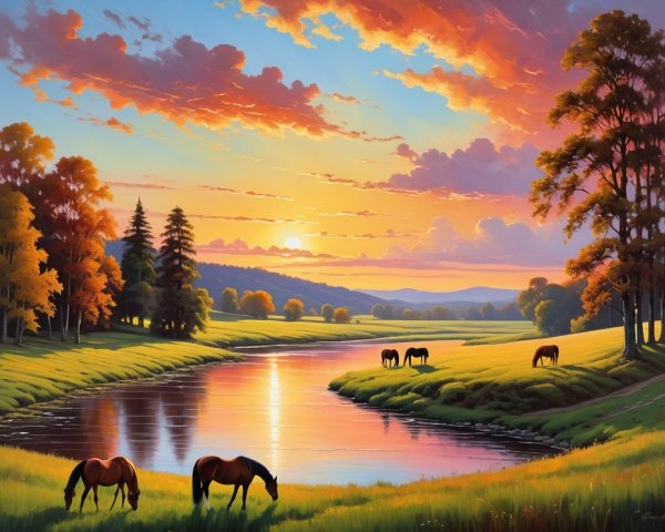 Sunset Landscape with Hills, River, and Grazing Horses