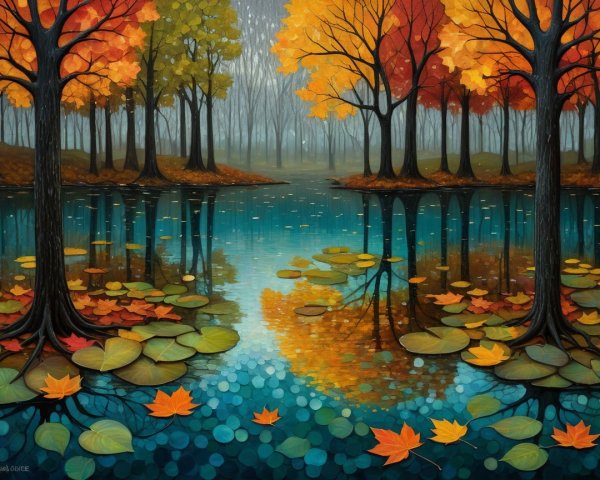 Serene Autumn Landscape with Vibrant Trees and Pond