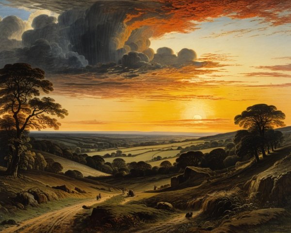 Vibrant Sunset Over Rolling Hills and Lush Fields