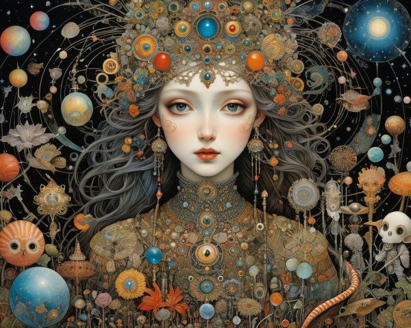 Ethereal Figure with Celestial Patterns and Flora