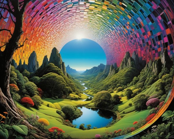 Vibrant Landscape with Kaleidoscopic Arch and River