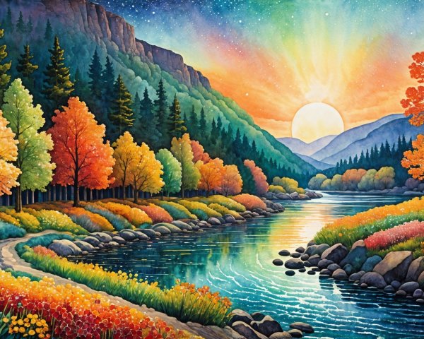 Vibrant Autumn Landscape with Winding River and Mountains