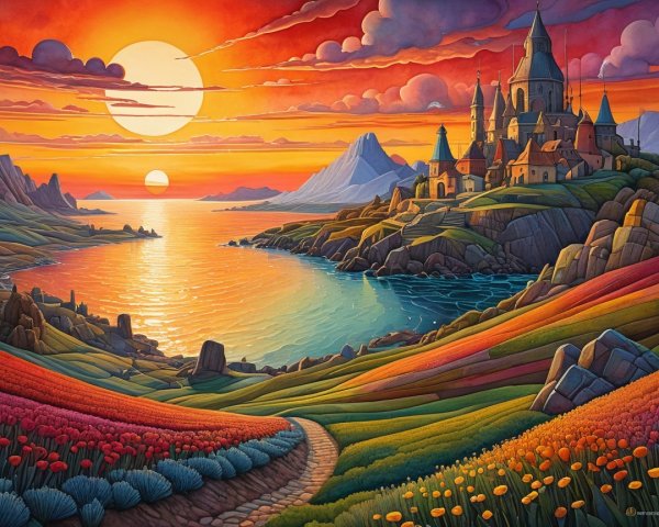 Vibrant Sunset Over Tranquil Landscape with Castle