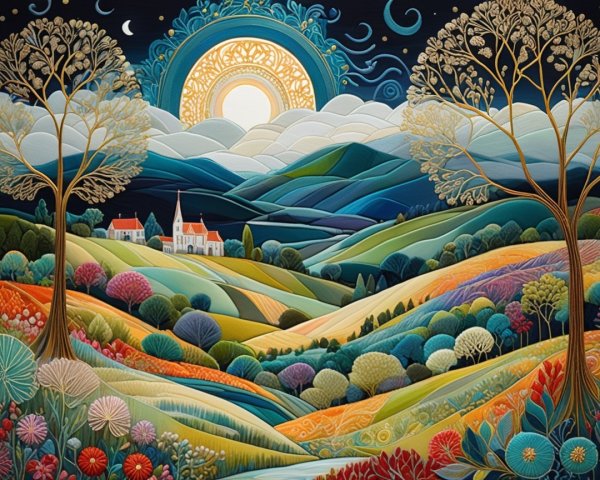 Vibrant Landscape with Colorful Hills and Village