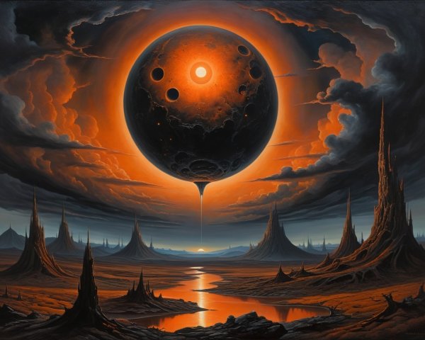 Vibrant Sci-Fi Landscape with Cratered Planet and River