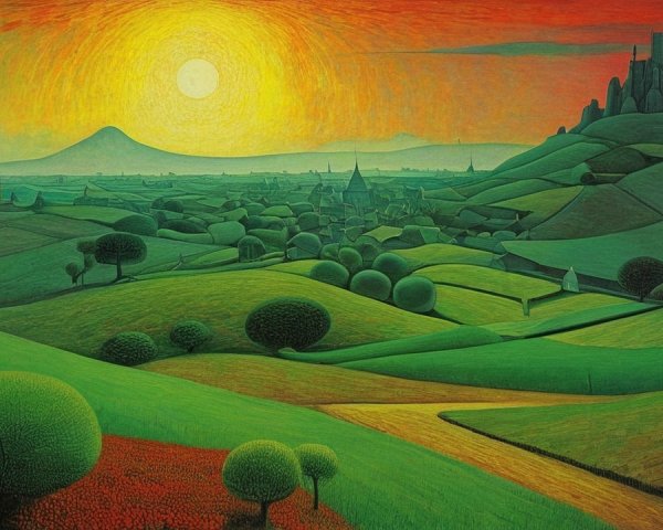Vibrant Landscape with Hills, Castle, and Colorful Sky