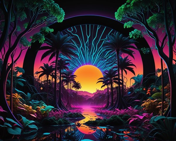 Surreal Vibrant Landscape with Glowing Trees and Sun