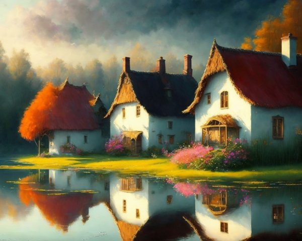 Charming Cottages by a Tranquil Lake in Autumn