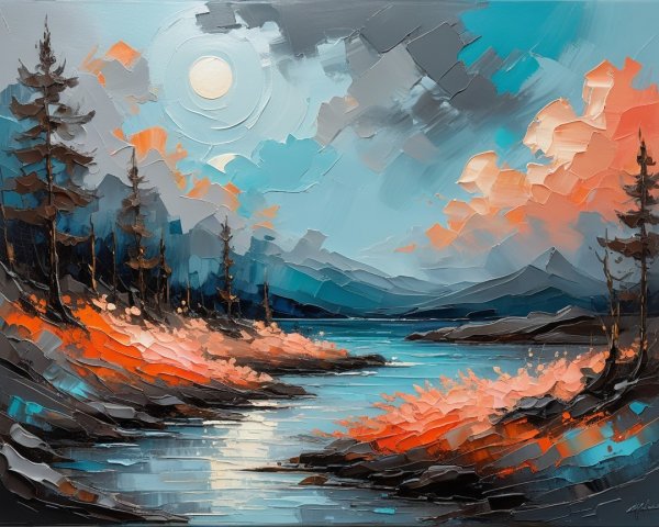 Vibrant Landscape with River and Moonlit Sky