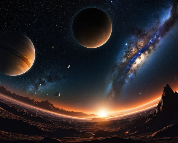 Cosmic Scene with Planets and Alien Landscape